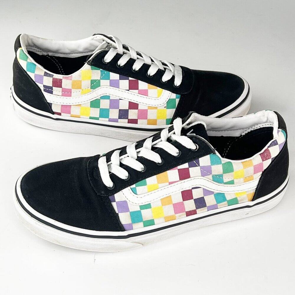 Vans Old Skool Rainbow Checkerboard Sneakers Shoe Black Youth Kids 6 / Women 7.5